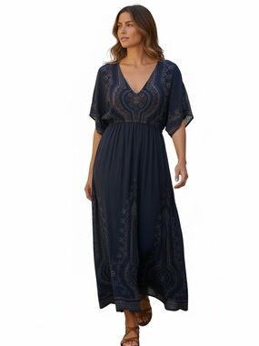 EARTHBOUND Navy Maxi Dress with Brown Embroidered Accents